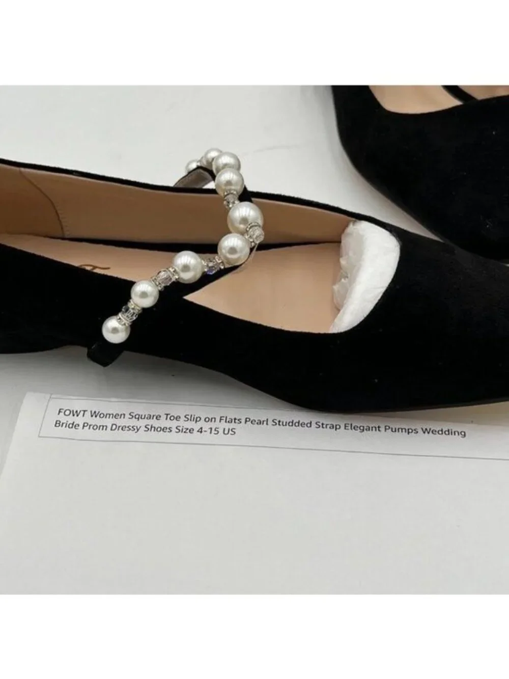 FOWT Black Square Toe Slip on Flats Pearl Studded Strap Pumps Wedding Shoes